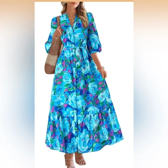 NWOT Blue Multicolor Floral Button Down 3/4 Puff Sleeve Easter Maxi Dress Small - Picture 2 of 12
